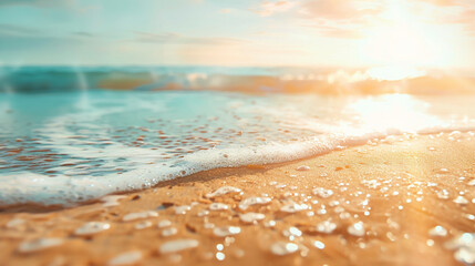 Wall Mural - Close up shot of foaming sea wave with beautiful blurred sunny beach background