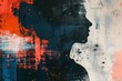 Abstract mixed media artwork featuring human silhouettes against a backdrop of textured red, blue, and black paint splatters.
