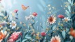 A 3D digital illustration of a vibrant floral garden filled with various colorful flowers and a delicate butterfly fluttering above.

