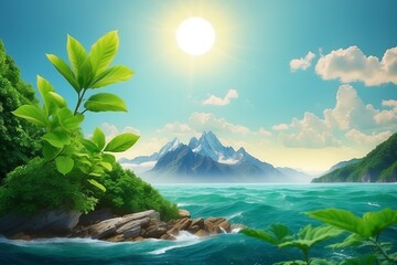 the view of the mountains in the middle of the ocean is very beautiful and green