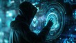 © Mrzproducer - hacker in a dark hoodie is using a futuristic interface to hack into a system.
