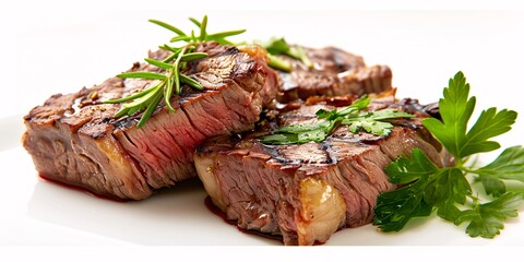 Gourmet Steak with Herbs and Sauce on White Platter