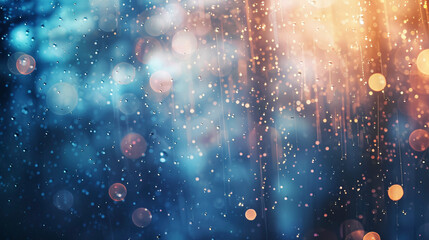 Wall Mural - Beautiful blurred background of a rainy forest in blue tones and soft lighting, blurred orange bokeh