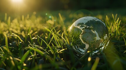 Environment concept, glass globe in the grass