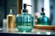 An eye - catching close - up of a clear glass soap dispenser, filled with luxurious liquid soap, adding a touch of elegance to the bathroom Generative AI