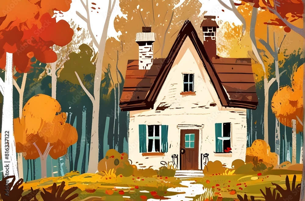 Beautiful cute house in the autumn forest. art painting style ...
