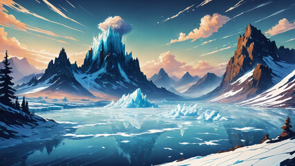 Wall Mural - Comic drawing style of blue ice frost mount background