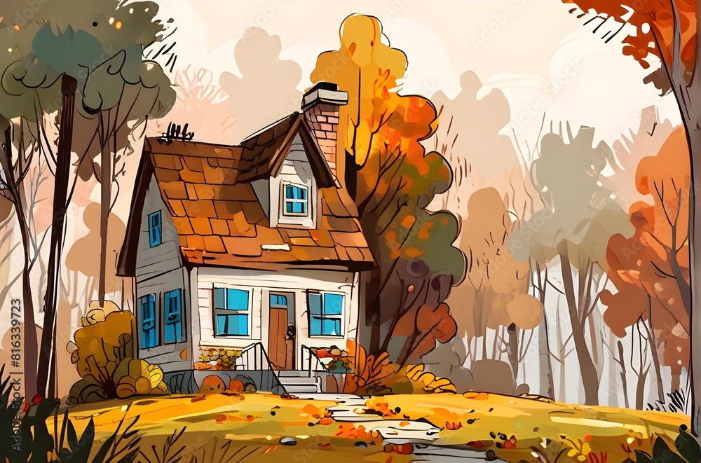 Beautiful cute house in the autumn forest. art painting style ...