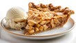 Golden-brown apple pie slice with a scoop of vanilla ice cream on a white background