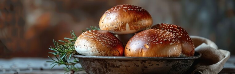 Wall Mural - Forest Mushroom Delight: Boletus Edulis, Rosemary Herbs, and More on Metal Bowl for Food Photography Background