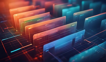  Abstract network grid with files and folders, futuristic software interface, digital document management system, store, search and organize documents, corporate business, paperless office, 