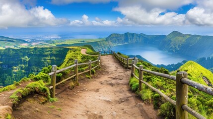 Wall Mural - Mountain landscape with hiking trail and view of beautiful lakes Ponta Delgada, Sao Miguel Island