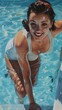 A smiling pin-up girl looking at the camera timidly emerges from the pool holding onto the aluminum railing. Wears one piece swimsuit, 1950s, dark wet hair slicked back, almanac girl, vintage poster