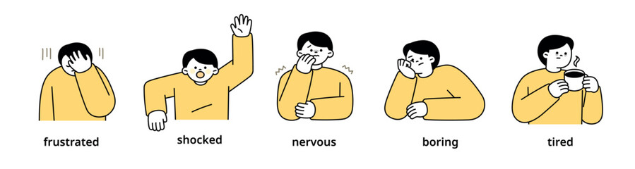 Poster - boy upper body character expressing 5 different emotions - set 6. simple outline vector illustration