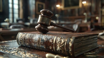 Gavel resting on a law book in a courtroom, symbolic of law and authority