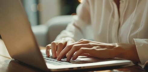 Close up of business woman hand typing on laptop computer keyboard with reflection on digital tablet on office table,  online working, surfing the internet, distant job, remote work concept