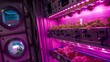 An experimental vertical farm module on a space station, where astronauts cultivate crops under the specialized glow of purple LED lights, Close up