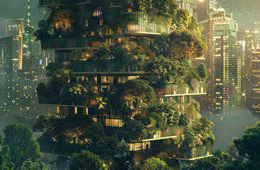 Wall Mural - The dynamic intersection of natures tranquility and the bustling energy of urban environments in a vertical forest skyscraper