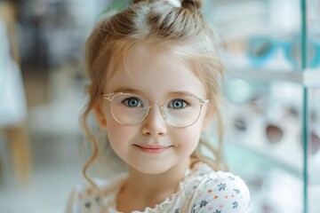 Smiling girl with glasses in front of eyewear stand