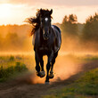 A black horse running at morning  in the feild