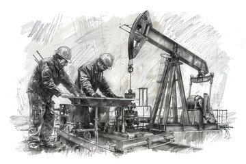 pencil sketch of engineers working on oil pump rig refinery