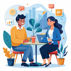 Wall Mural - Cartoon illustration of diverse businesswomen  and businessmen working together at a table in a bright office