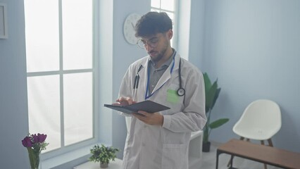 Sticker - A focused man with a beard in a white coat holding a tablet in a bright medical clinic room.