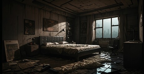 cyberpunk sci-fi dystopian abandoned bedroom in house interior. lo-fi futuristic ambience style and empty.