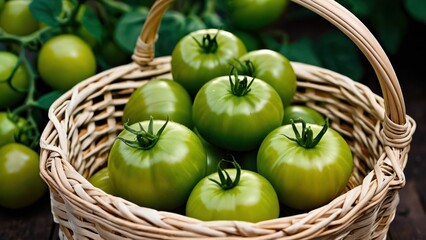 Green tomatoes in a rustic basket on a wooden surface