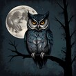 © Firly - full moon night owl illustration. design for t-shirts, posters, stickers, web. generative ai