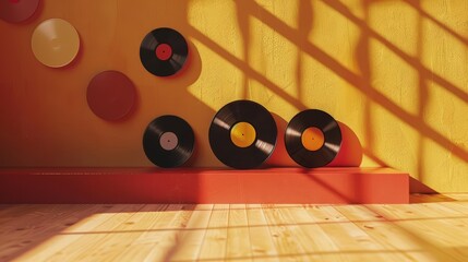 Empty studio with podium of classic vinyl records, featuring retro styles and a banner sharpen with copy space to promote a vintage music exhibition