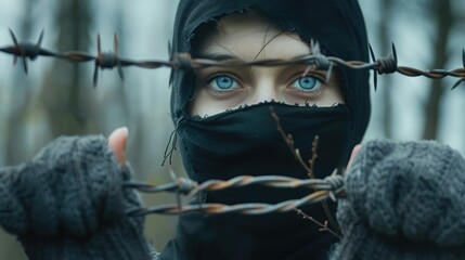 A young woman in a black balaclava and gray holds barbed wire with both hands, her face is visible through the hole in the fabric, with bright blue eyes looking at the camera,
