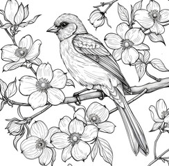 coloring page for adults, small bird and flowers