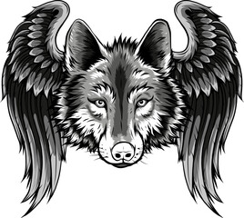 Sticker - vector illustration of Monochrome wolf with wings