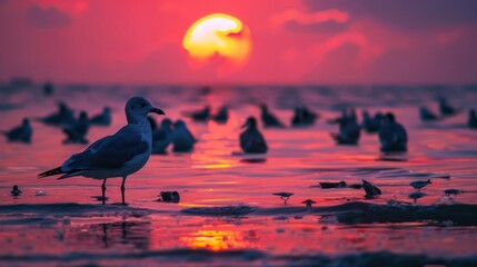 Wall Mural - Sunset with reflection on the sea and front of crowd of the bird