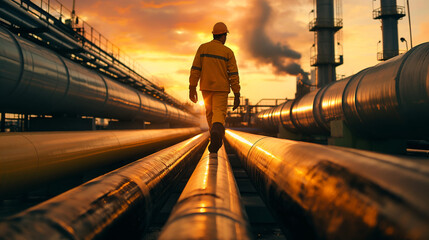 Poster - a plumber wearing safety dress working on industrial pipeline