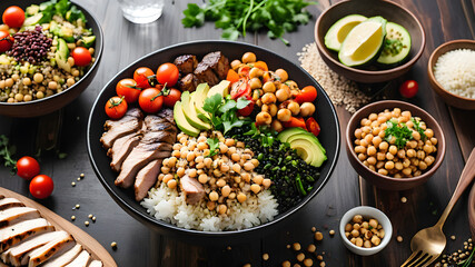 Wall Mural - Top view two buddha bowl lemon water Clean balanced healthy food concept Chicken grilled steak rice spicy chickpeas black white quinoa avocado carrot zucchini radish tomatoes wooden table