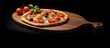 delicious pizza on wooden cutting board black background