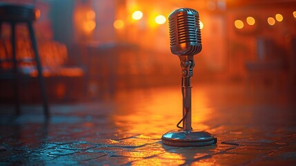 Wall Mural - Vintage chrome microphone on a stand against a solid orange background.