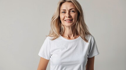 Portrait of smiling mature woman in white t-shirt with Copy space for text or logo. White tshirt mockup.