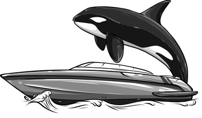 Sticker - vector illustration of orca with boat on water