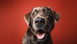 © BNNC TV - Portrait of a young Labrador dog, closeup, isolated on a red background