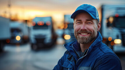 Happy male driver in blue uniform standing proudly in front of his big white truck in the parking lot at sunset