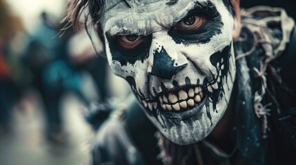 Close up of a frightening man with skeleton face paint making scary expressions and revealing grimy teeth invoking voodoo practices at a Halloween themed event