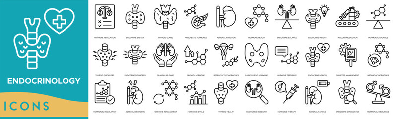 Wall Mural - Endocrinology icon set. Hormone Regulation, Endocrine System, Thyroid Gland, Pancreatic Hormones, Adrenal Function, Hormone Health, Endocrine Balance, Endocrine Insight, Insulin Production