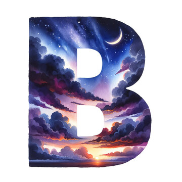 The letter B is a large, colorful painting of a sky with clouds and a moon