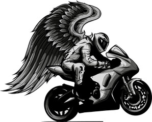 Canvas Print - monochrome Motorbike rider with wings vector silhouette. Road motorcycle racing