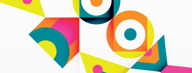 Aufkleber - A vibrant textile design featuring colorful geometric patterns with circles and triangles on a white background, reminiscent of a modern art painting