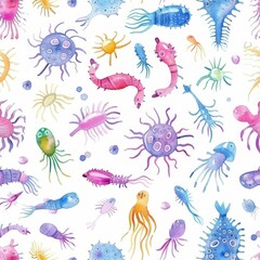 Naklejka na meble Watercolor seamless pattern of tiny, colorful plankton, hand-drawn to highlight the beauty of oceanic microorganisms, on an isolated background for wrapping paper