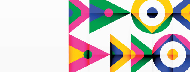 Aufkleber - A vibrant pattern of triangles, circles, and rectangles in magenta and electric blue, creating a symmetrical and colorful art piece on a white background